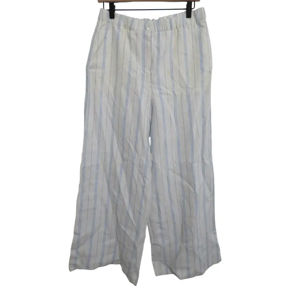 Banana Republic Women Sz S White Blue Striped Wide Leg Pants Linen Blend Style